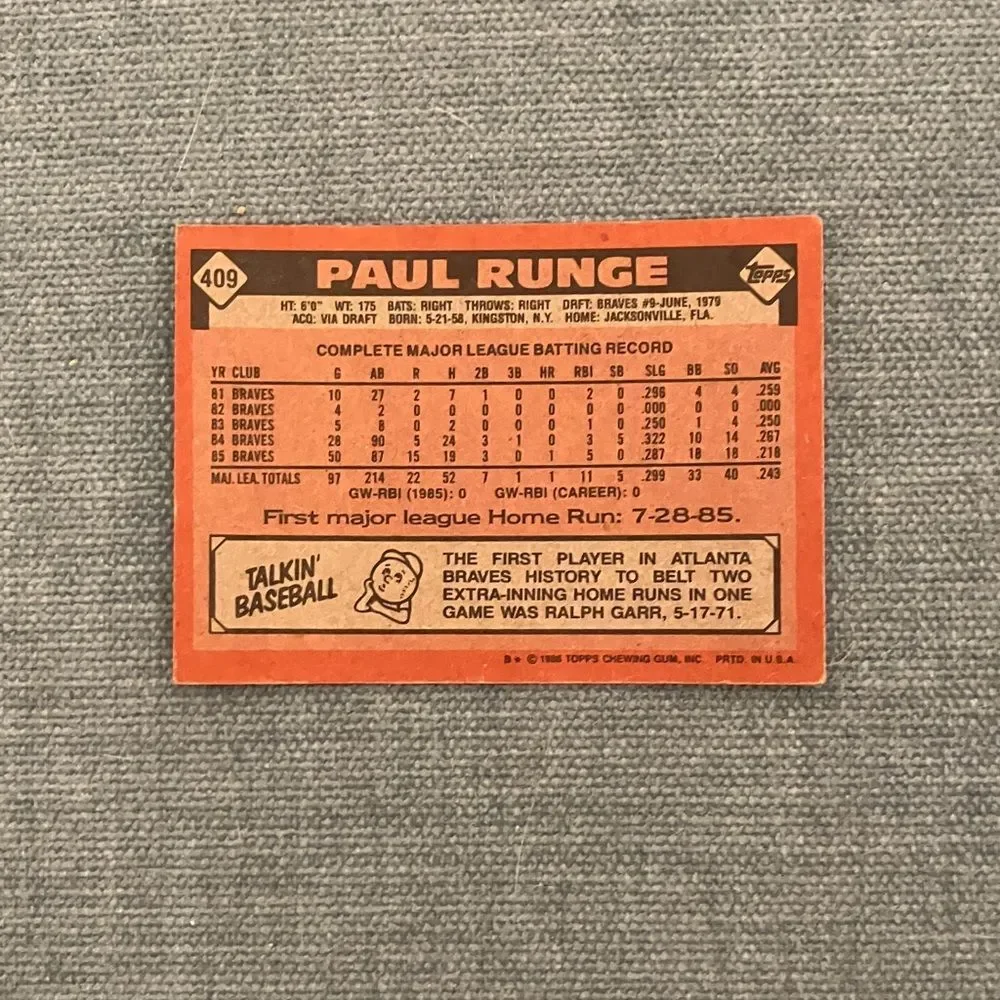 1986 Topps Atlanta Braves Baseball Card